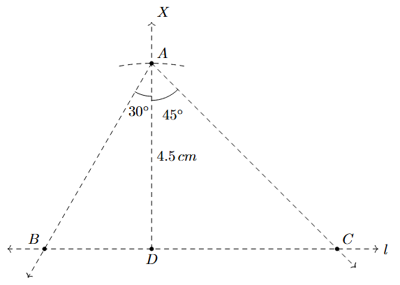 Step 5: An angle DAC of 45 degrees is constructed on the other side. The ray intersects line l at C.